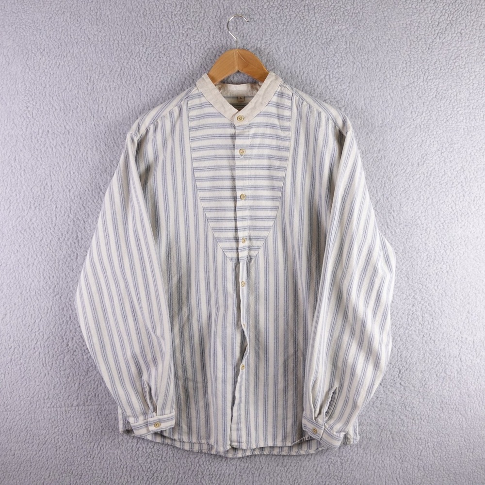 Wah Maker Frontier Clothing Mens Large Blue Striped Bib Front Band Collar Shirt